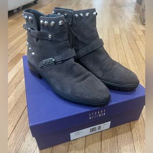 Stuart Weitzman Grey Londra Suede Silver Studded Accents Moto Boots US 6.5